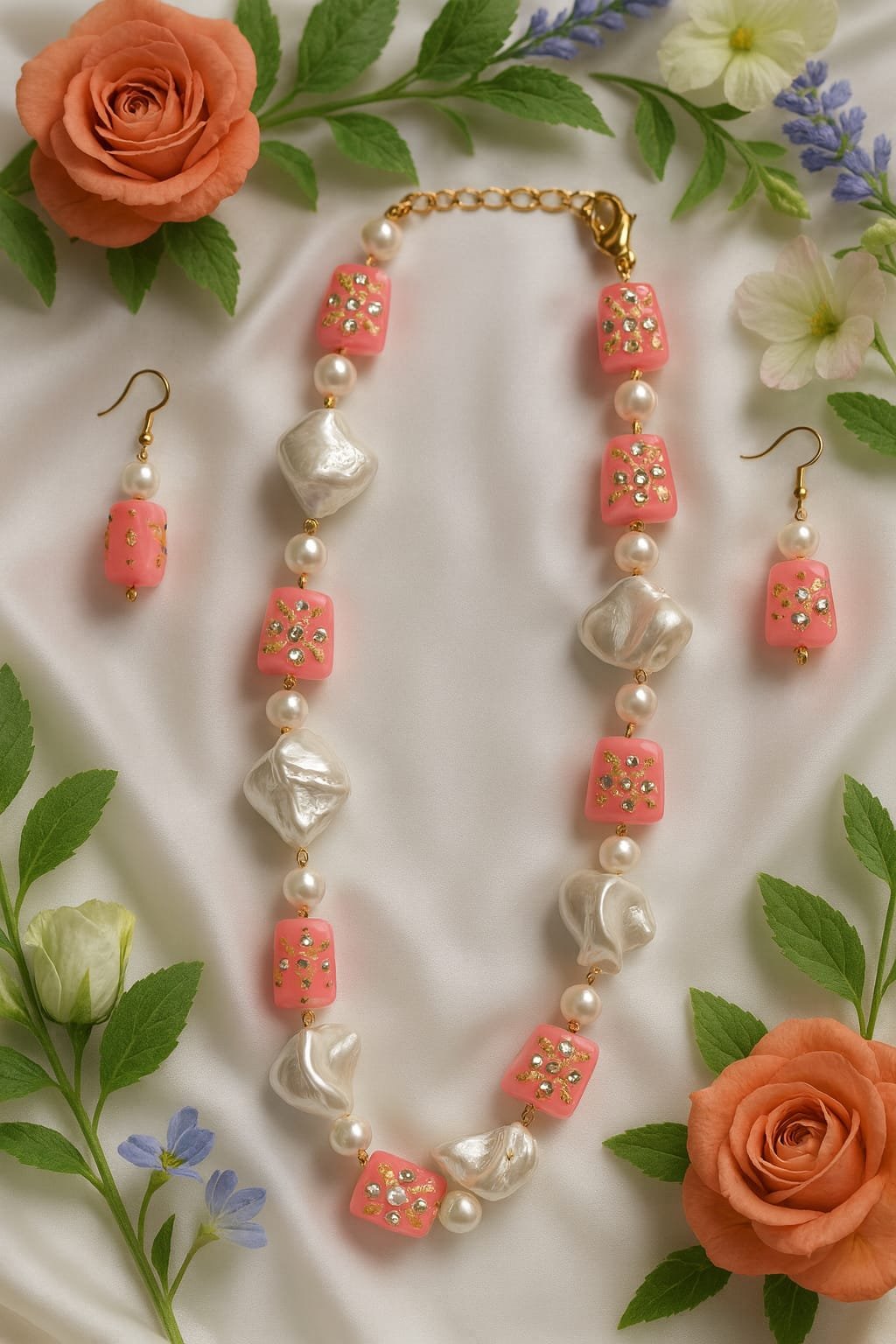 Handmade Pearl & Polymer Clay Bead Necklace Set – Elegant Floral Jewellery designed Isabel Jewels