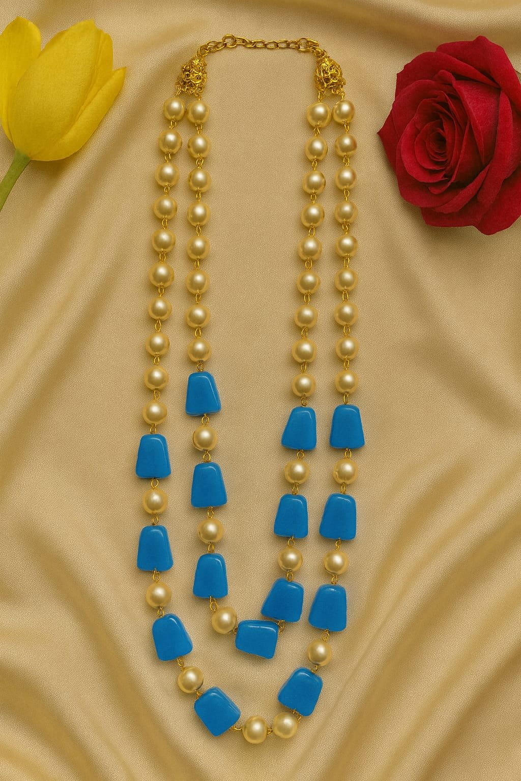 Double-Layer Pearl Necklace with Blue Beads – Premium Handmade Jewellery for Women designed Isabel Jewels