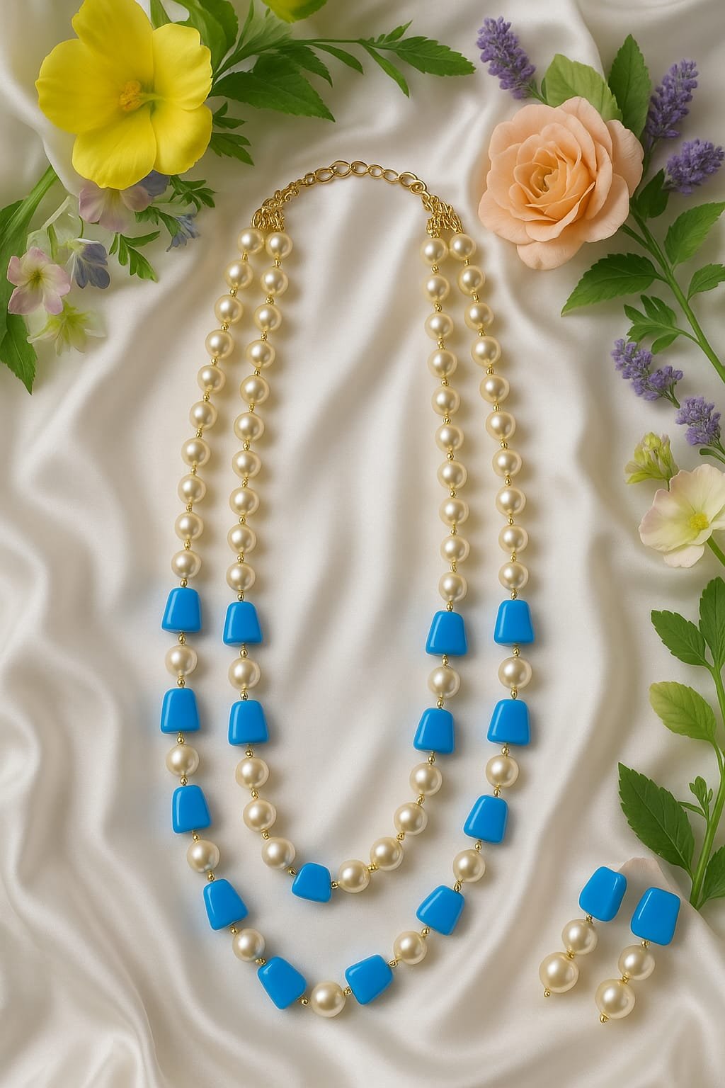 Double-Layer Pearl Necklace with Blue Beads – Premium Handmade Jewellery for Women designed Isabel Jewels - Image 2