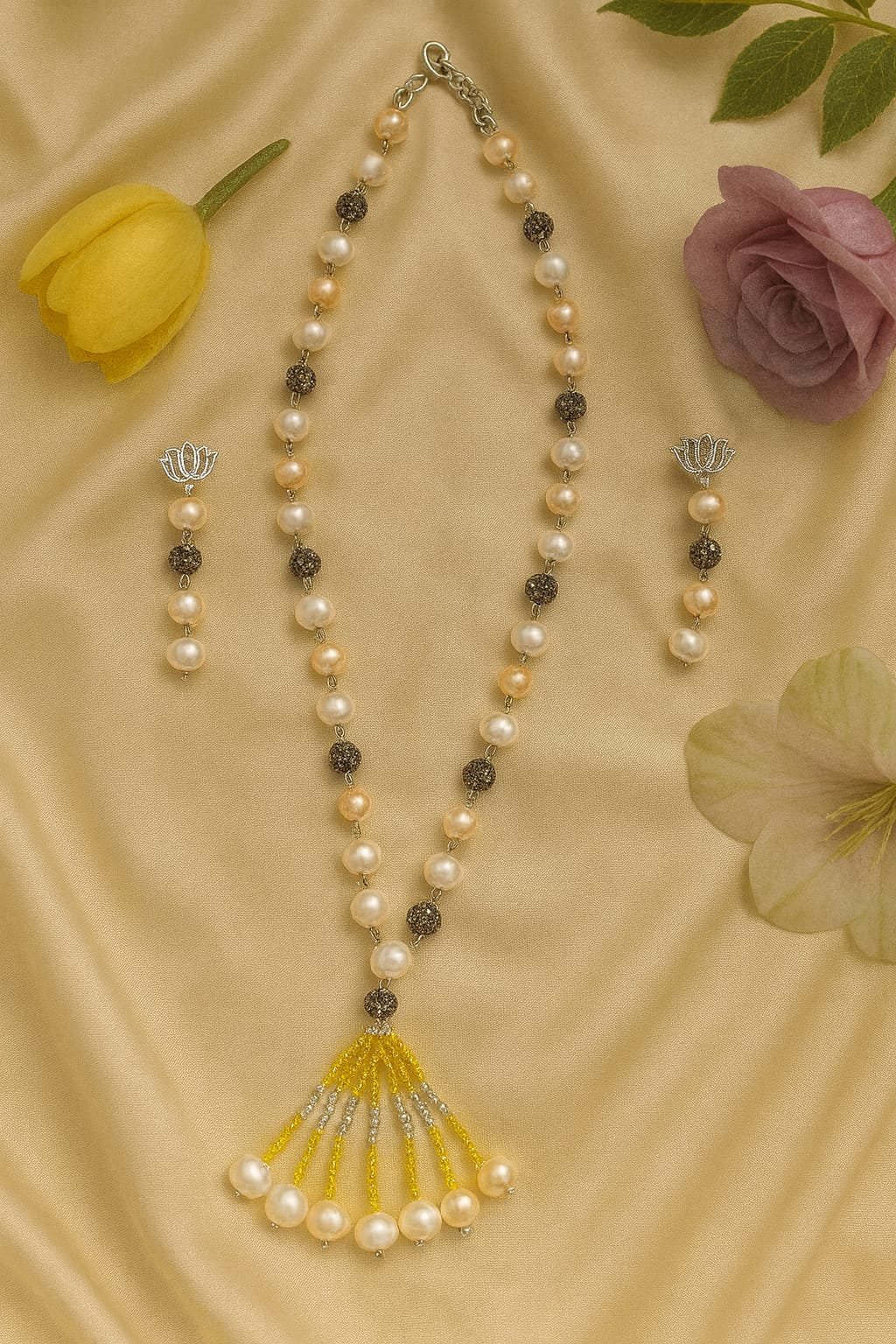 Pearl Beaded Necklace Set with Yellow Tassel – Elegant Handmade Jewellery for Women Designed Isabel Jewels