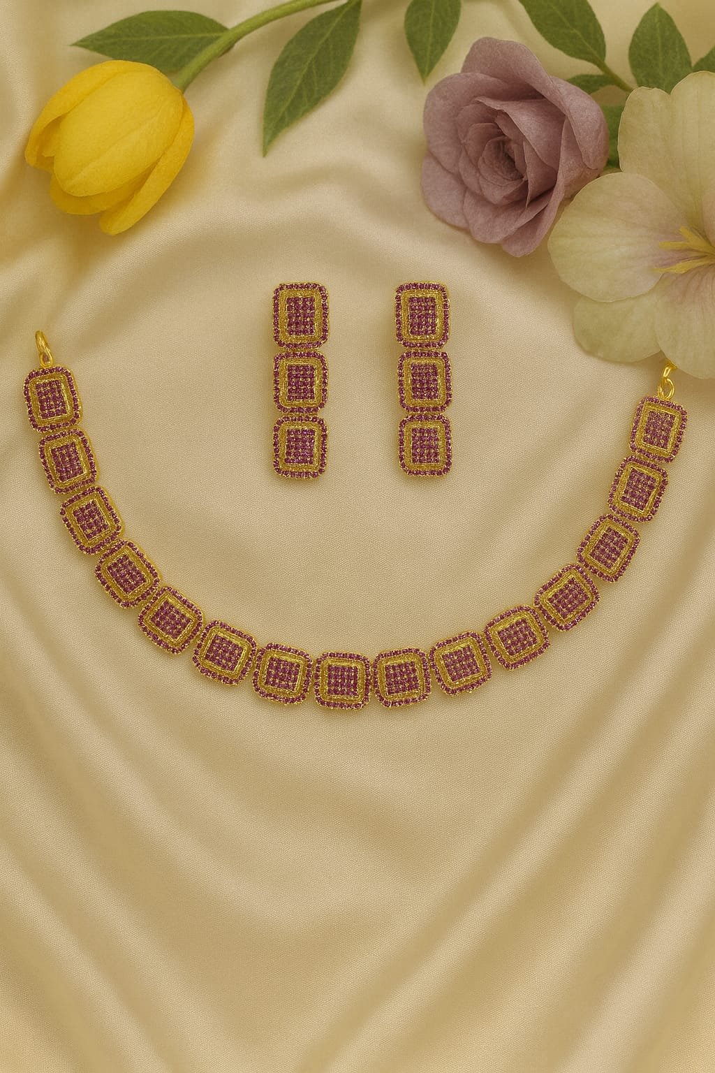 Pink & Gold AD stone Square Necklace Set – Statement Jewellery for Women designed Isabel Jewels