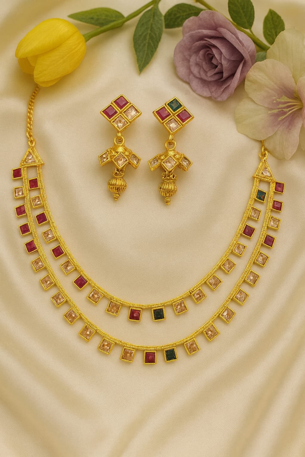 2-Layer Gold-Plated Kundan Necklace Set With Matching Earrings – Premium Bridal & Festive Jewellery designed Isabel Jewels