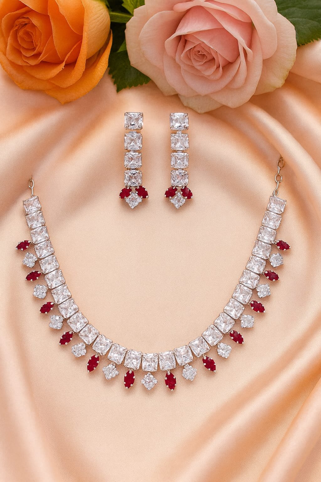 necklace set with white and red sparkling stones