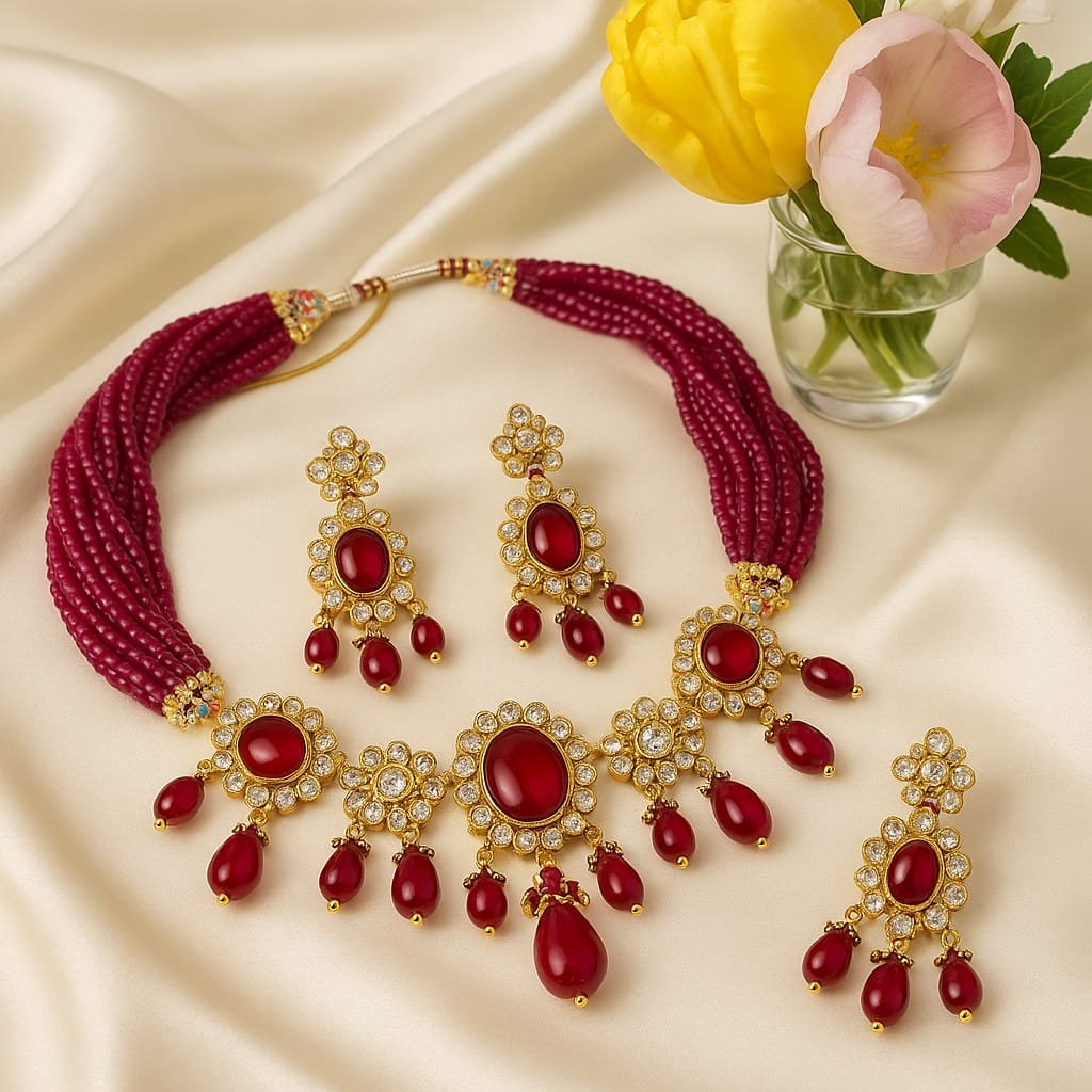 Kundan Red Bead Choker Necklace Set | Bridal Traditional Jewellery designed by Isabel jewels