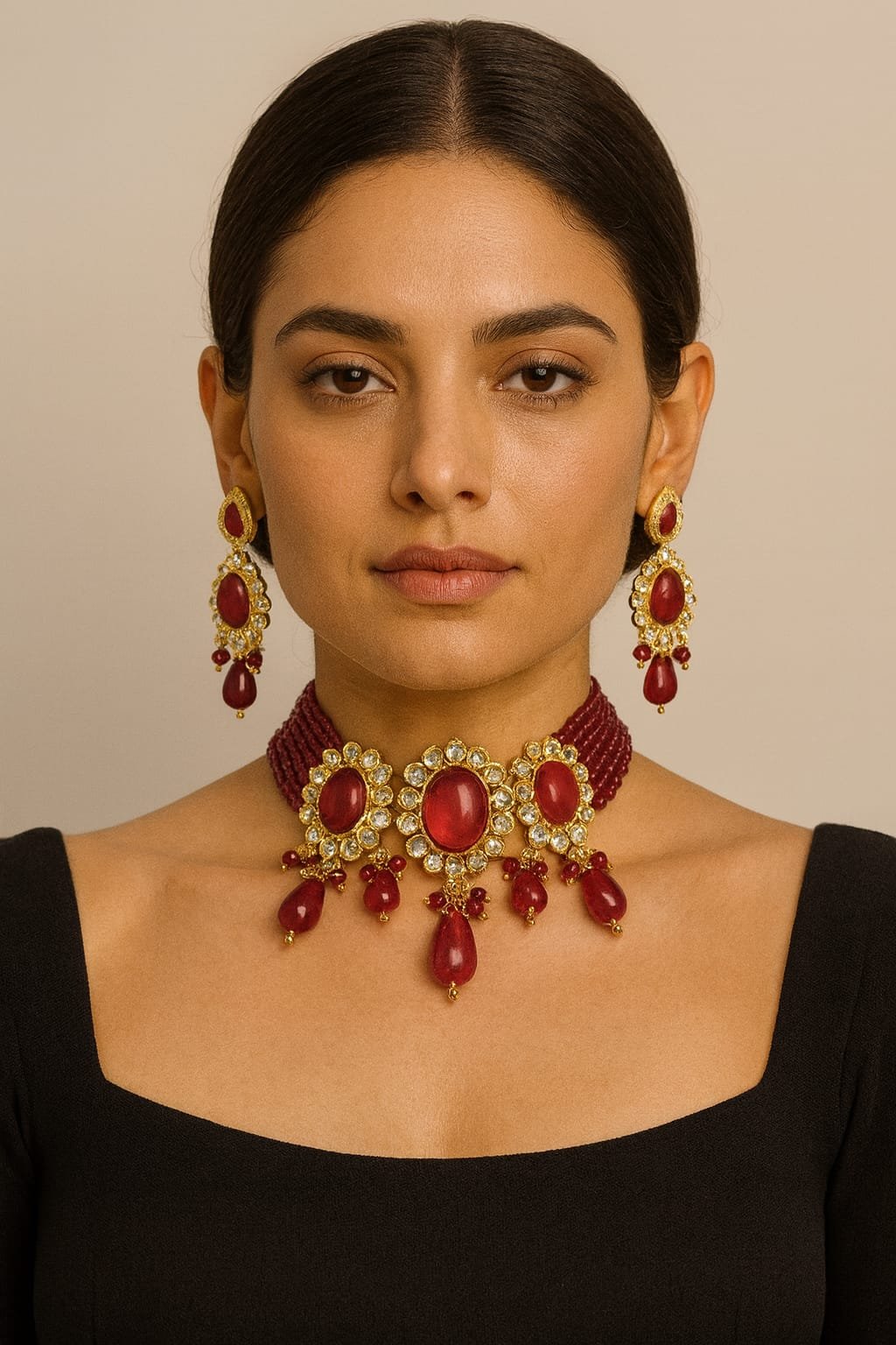 Kundan Red Bead Choker Necklace Set | Bridal Traditional Jewellery designed by Isabel jewels - Image 2