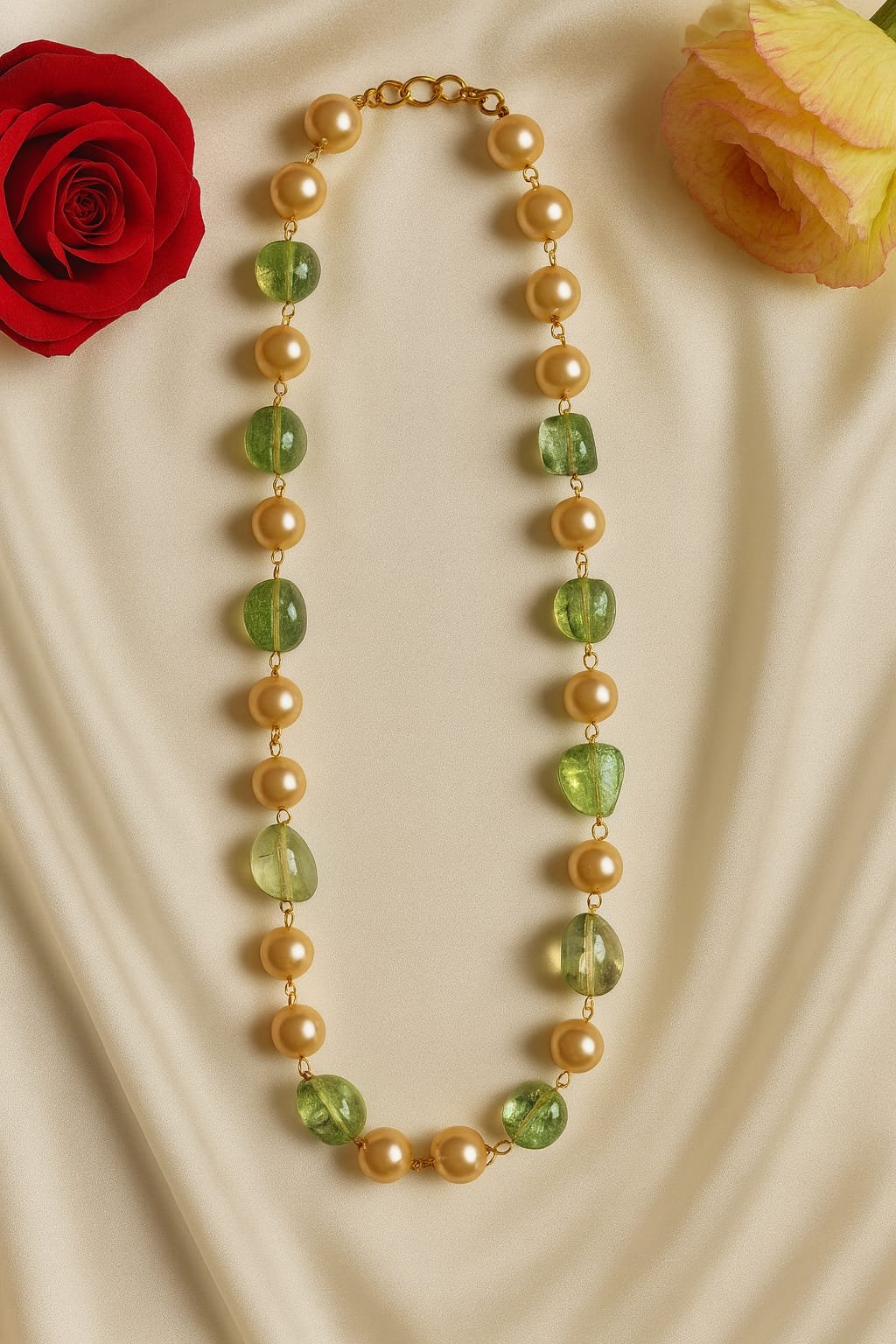 Golden Pearl & Green Beaded Necklace – Premium Handmade Fashion Jewellery for Women designed Isabel Jewels