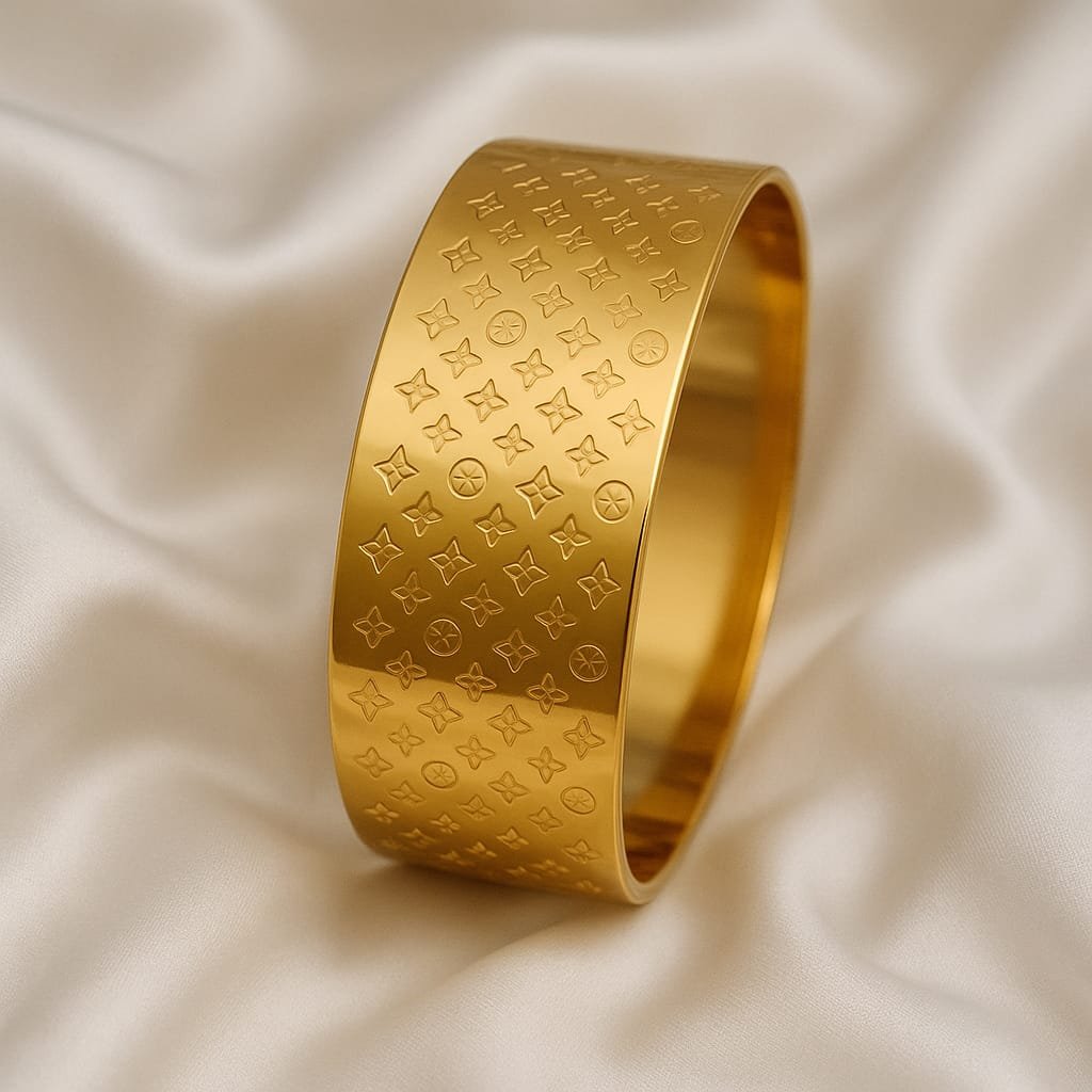 Designer Engraved Gold Bangle – Luxury Women’s Fashion Bracelet Designed Isabel Jewels