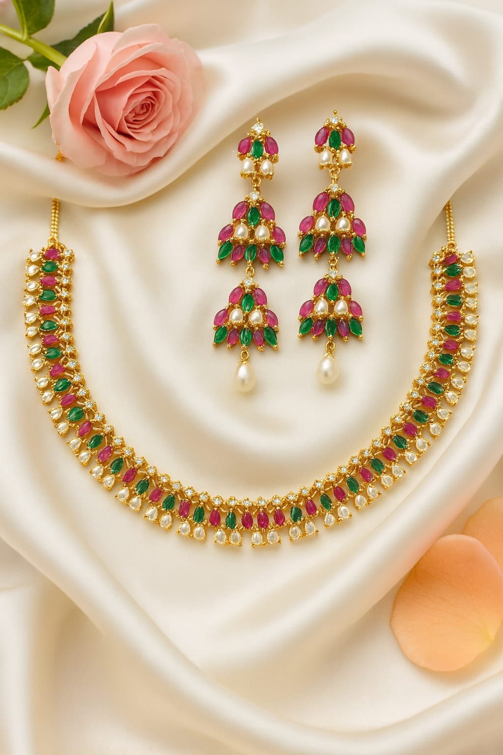 Bridal Gold-Plated Necklace and Earring Set – Ruby, Emerald & Pearl Jewellery designed Isabel jewels