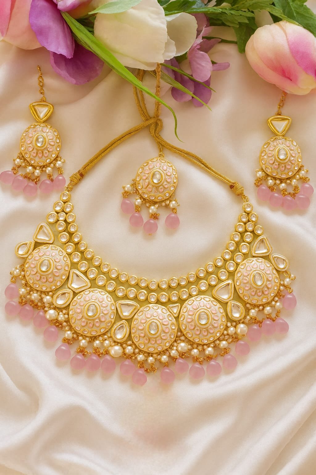 Pink Kundan Bridal Necklace Set – Premium Pastel Choker with Earrings & Maang Tikka designed Isabel jewels