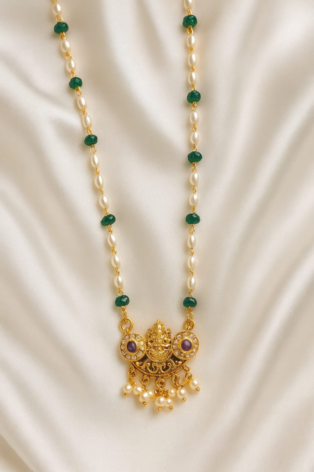Traditional Pearl & Green Beads Gold Plated Temple Necklace – Lakshmi Pendant Jewellery for Women designed Isabel Jewels