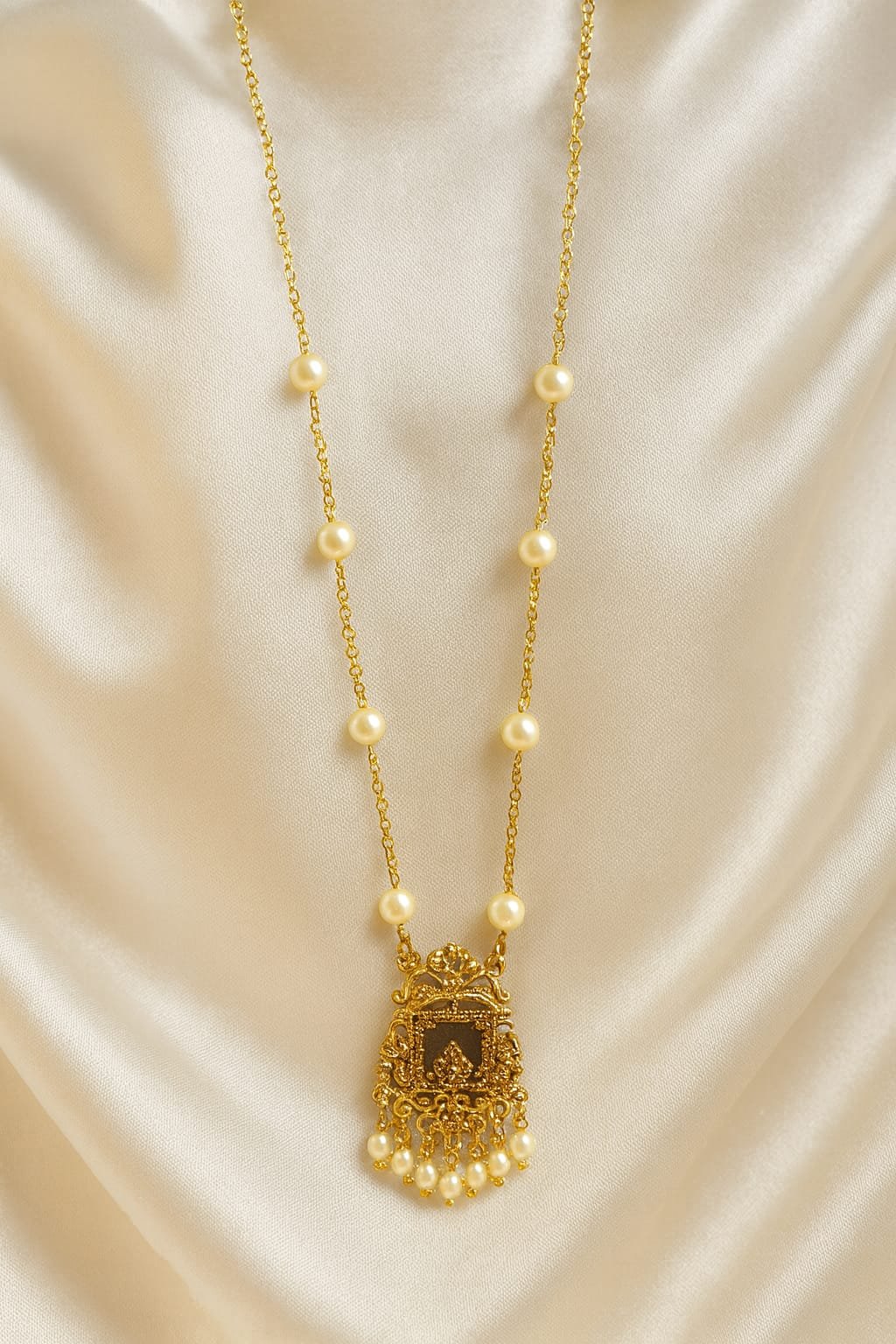 Gold Plated Pearl Chain with Antique Pendant – Traditional Necklace for Women designed Isabel jewels