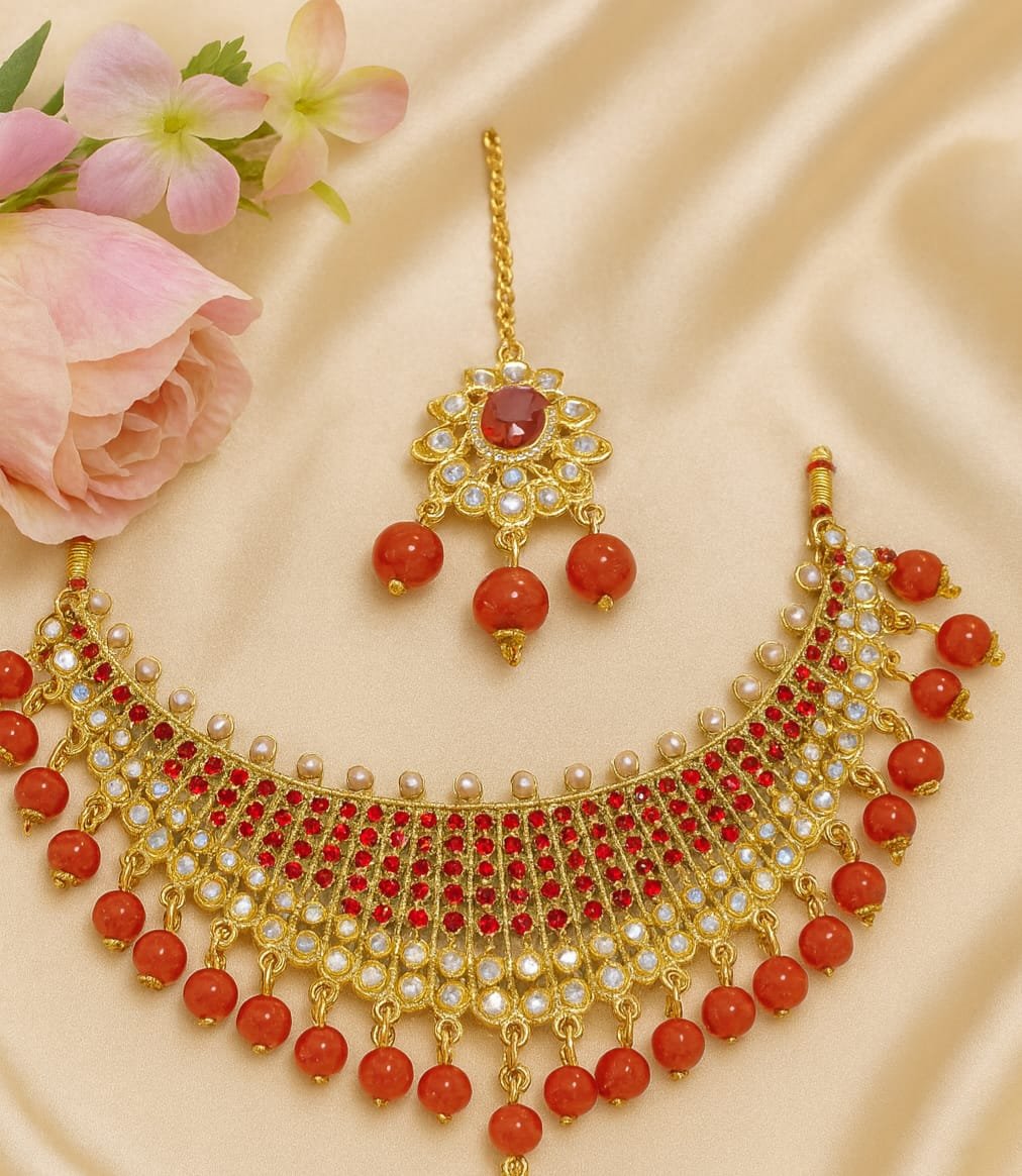 Kids Gold Necklace Set – Trendy Red Beads & Pearl Design