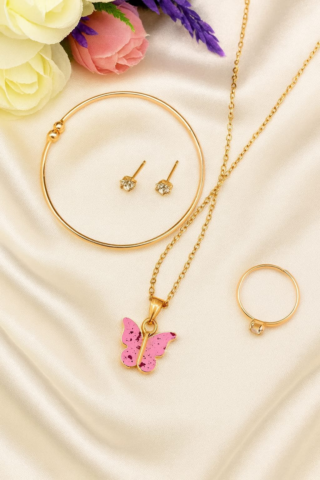 Kids Butterfly Jewellery Combo Set – Cute Pink Butterfly Pendant, Gold Bracelet, Stud Earrings & Adjustable Ring