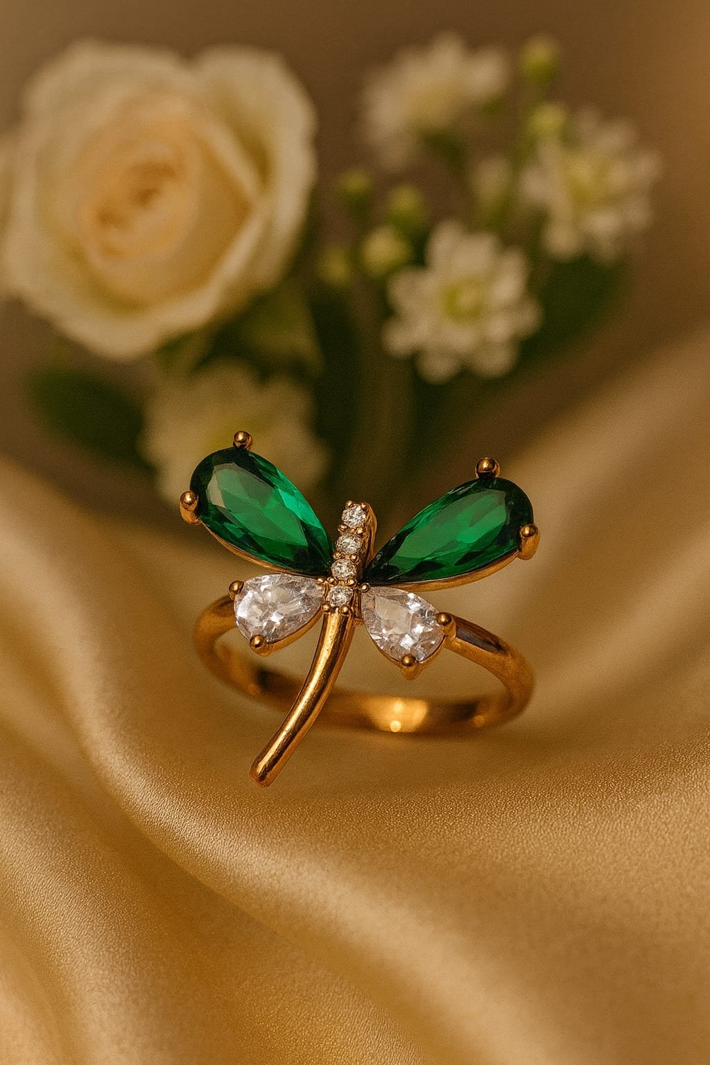 Adjustable Dragonfly Ring – Trendy Gold Ring with Green & White Stones for Women designed Isabel jewels