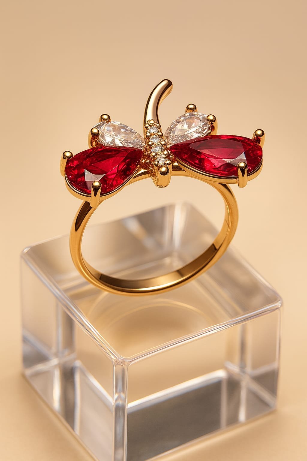 Adjustable Butterfly Ring for Women – Red Crystal & Gold-Plated Statement Jewellery designed Isabel Jewels