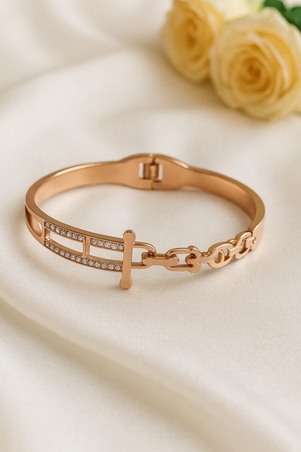 Trendy Rose Gold Stainless Steel Girls Bracelet – Stylish LOVE Chain Design(5cm diameter)designed Isabel Jewels