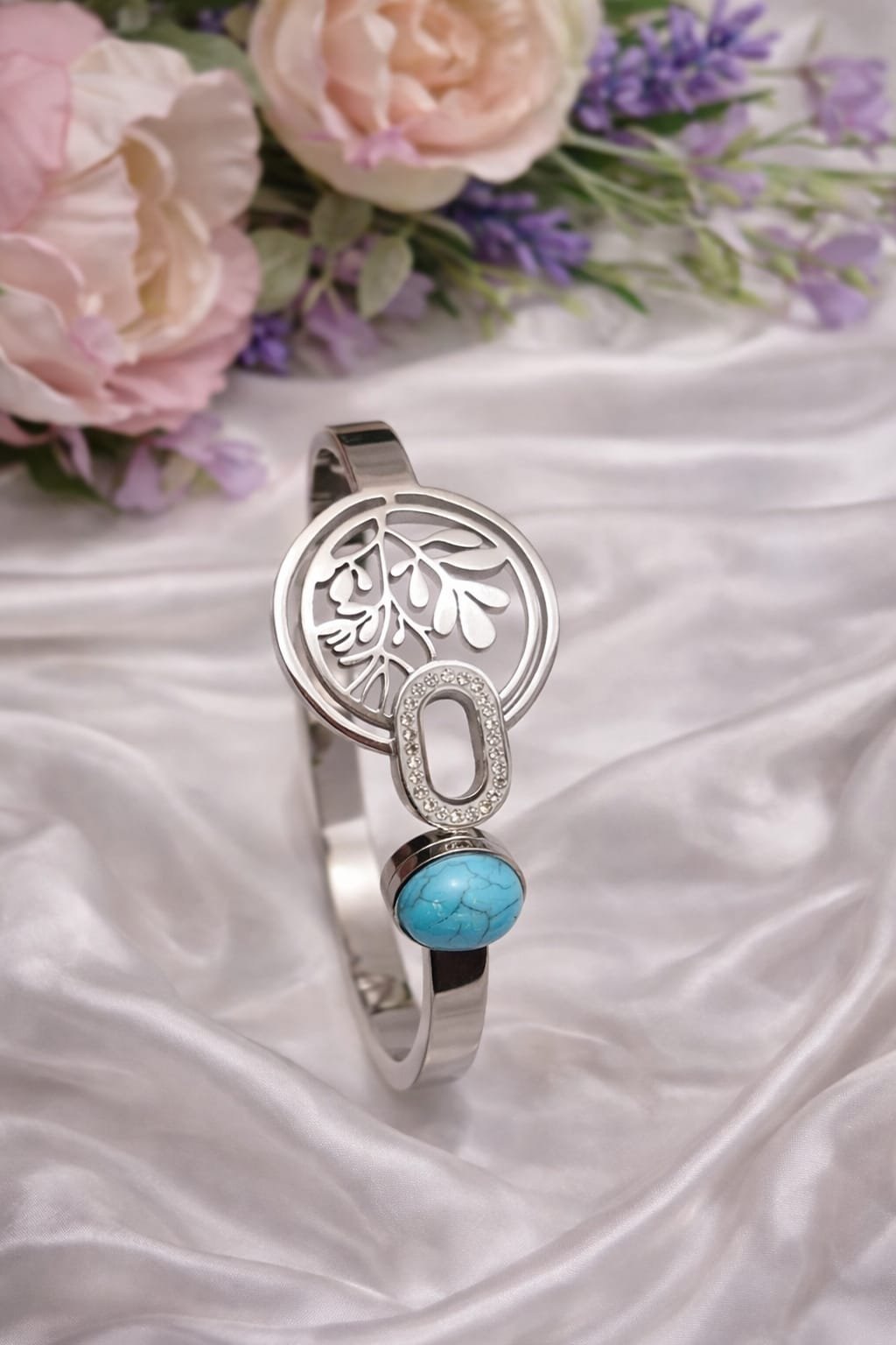 Silver Open Bangle with Turquoise Stone – Stylish Women’s Bracelet Designed Isabel Jewels - Image 2
