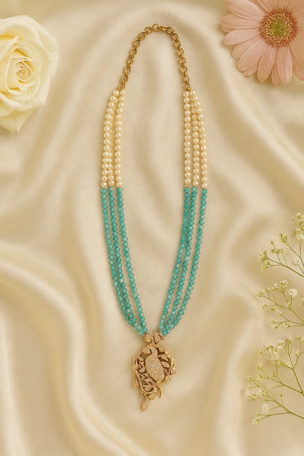 Peacock Pendant Pearl & Bead Necklace – Traditional Gold Plated Long Jewellery designed Isabel jewels