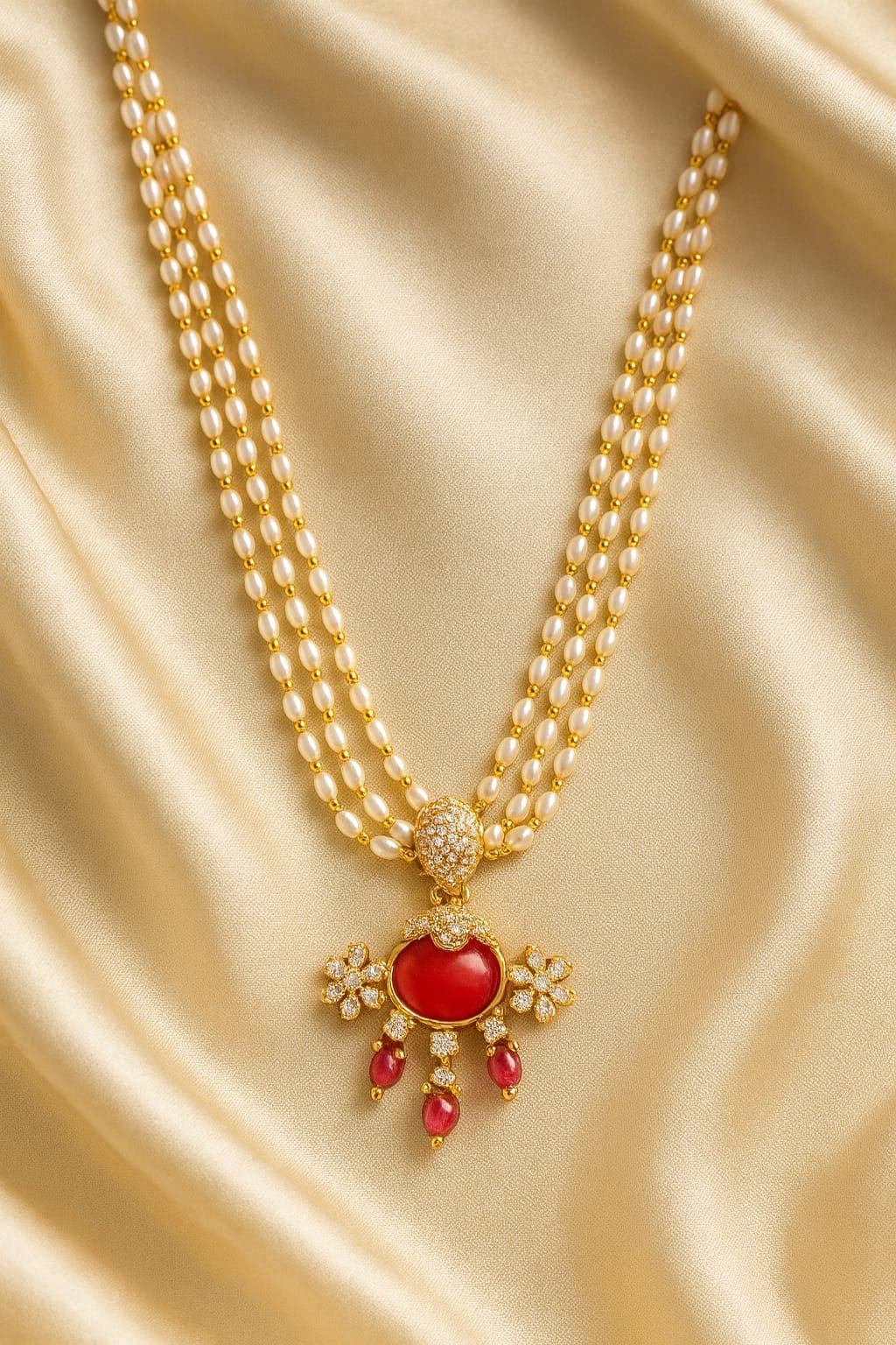 Three-Layer Pearl Necklace with Red Stone Pendant – Traditional Gold Plated Jewellery designed Isabel Jewels