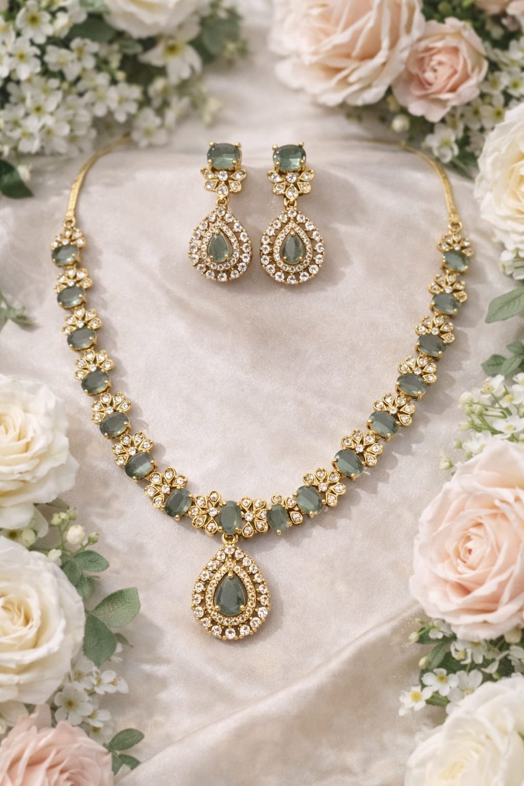 Pista green gold plated necklace and earrings from Isabel Jewels