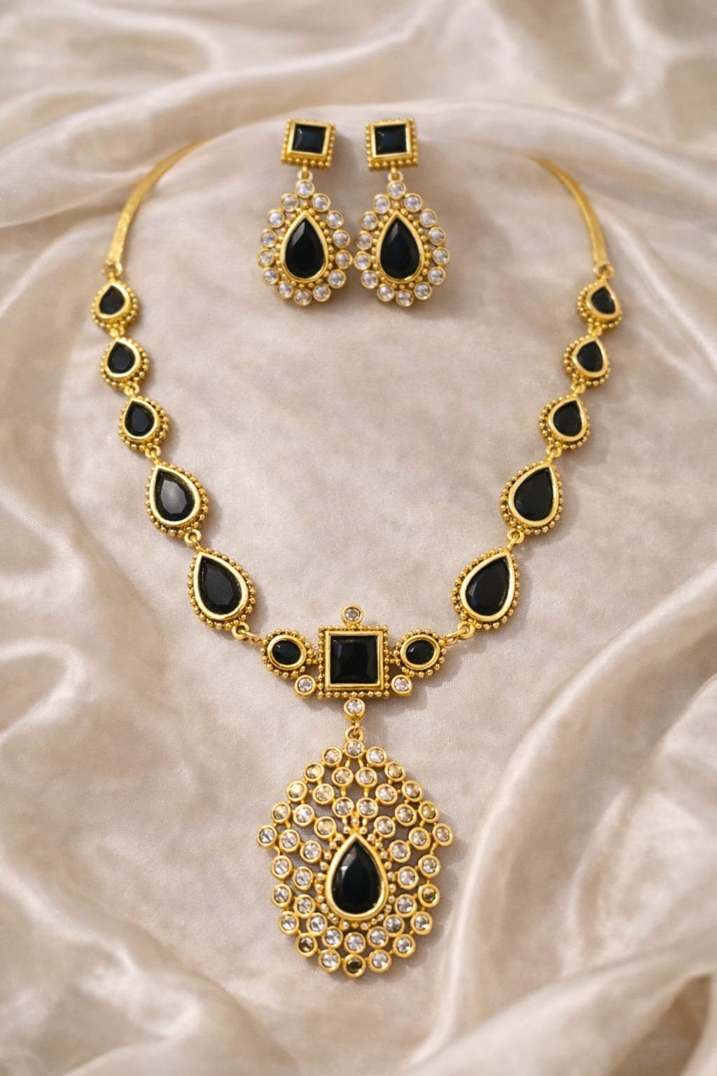 Gold green stone Necklace +Earrings set- Statement Jewellery designed from Isabel Jewels