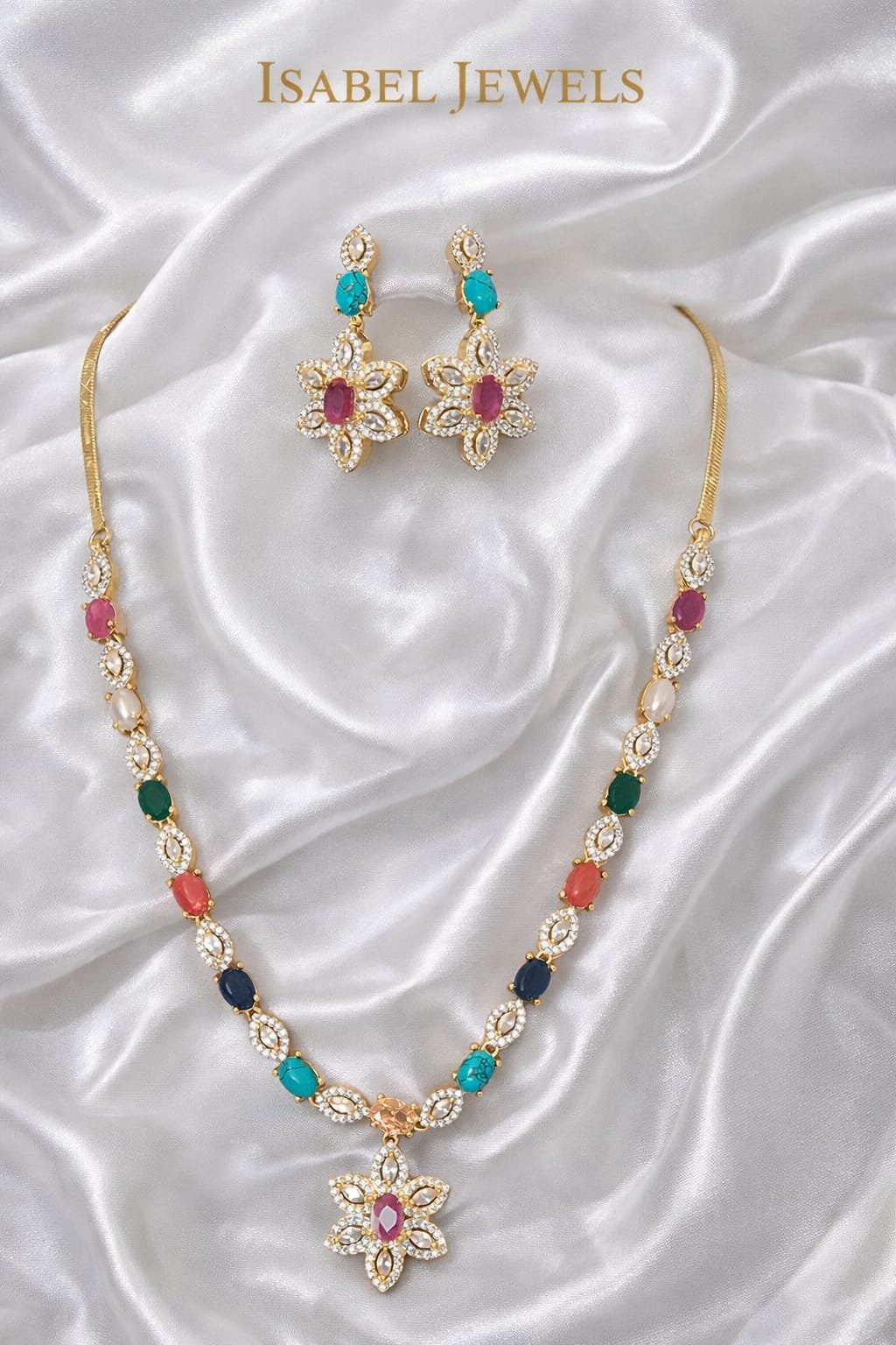 Multicolour Gemstone Necklace Set with Designer Earrings – Elegant Bridal & Party Wear Jewellery Designed by Isabel jewels - Image 2