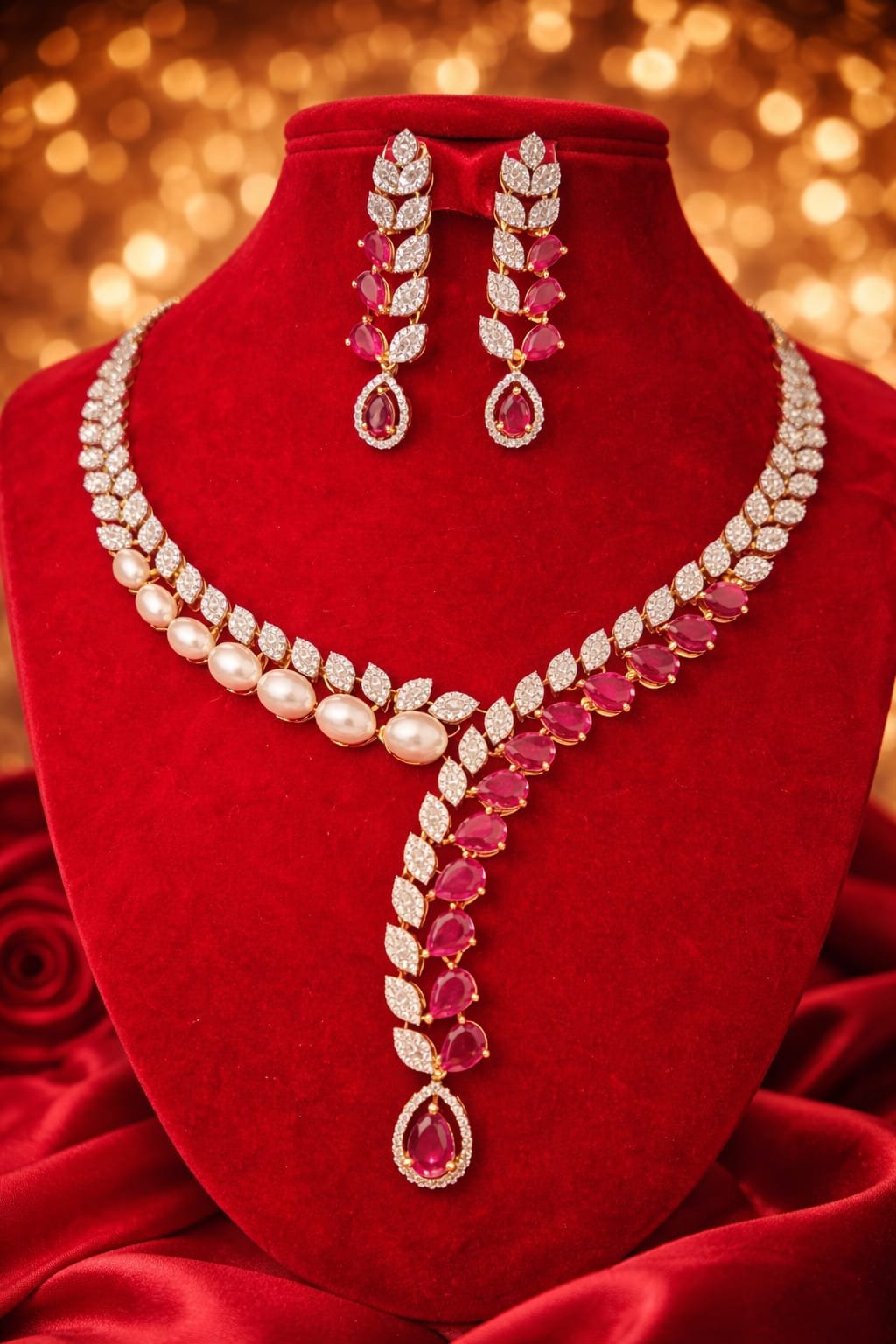 Elegant Ruby & Diamond Necklace Set – Bridal & Party Wear Jewellery Set Designed by Isabel Jewels
