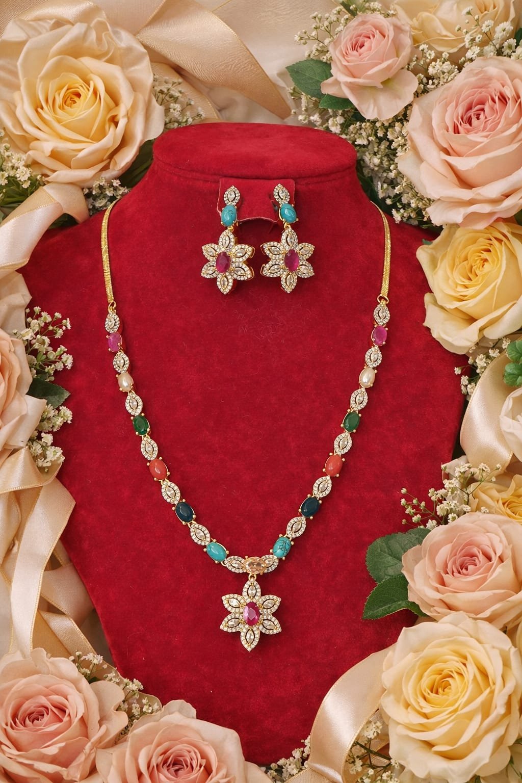 Multicolour Gemstone Necklace Set with Designer Earrings – Elegant Bridal & Party Wear Jewellery Designed by Isabel jewels