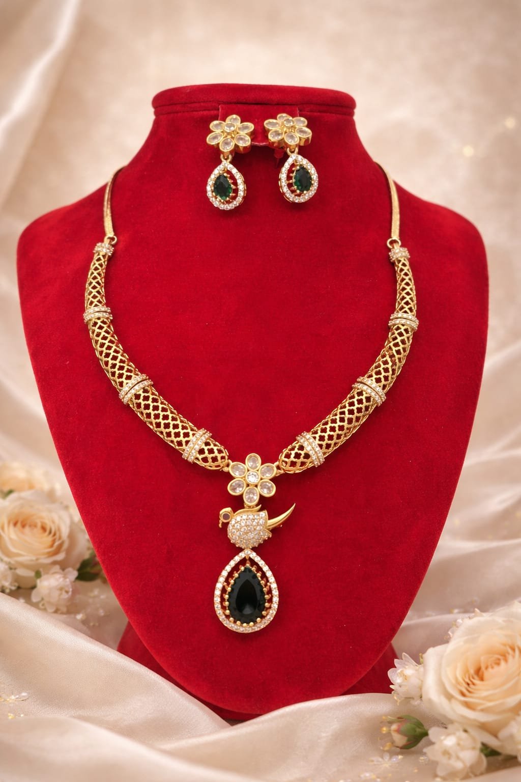 Gold Plated Designer Necklace Set with Green Stone Pendant – Bridal & Party Wear Jewellery designed by Isabel Jewels