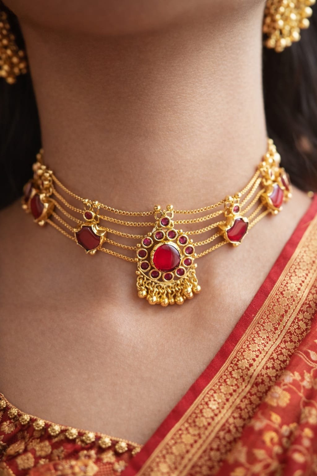 Traditional Gold Choker Necklace with Red Stones | Bridal Temple Jewelry designed Isabel jewels