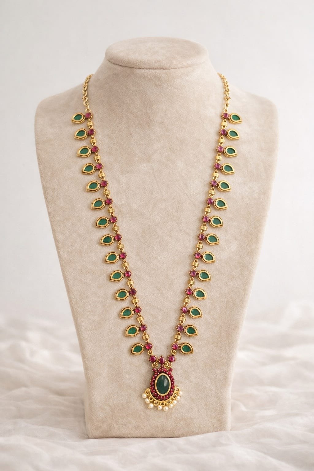 Gold Plated Green Palaka Stone Long Necklace | Traditional Temple Jewellery designed Isabel jewels