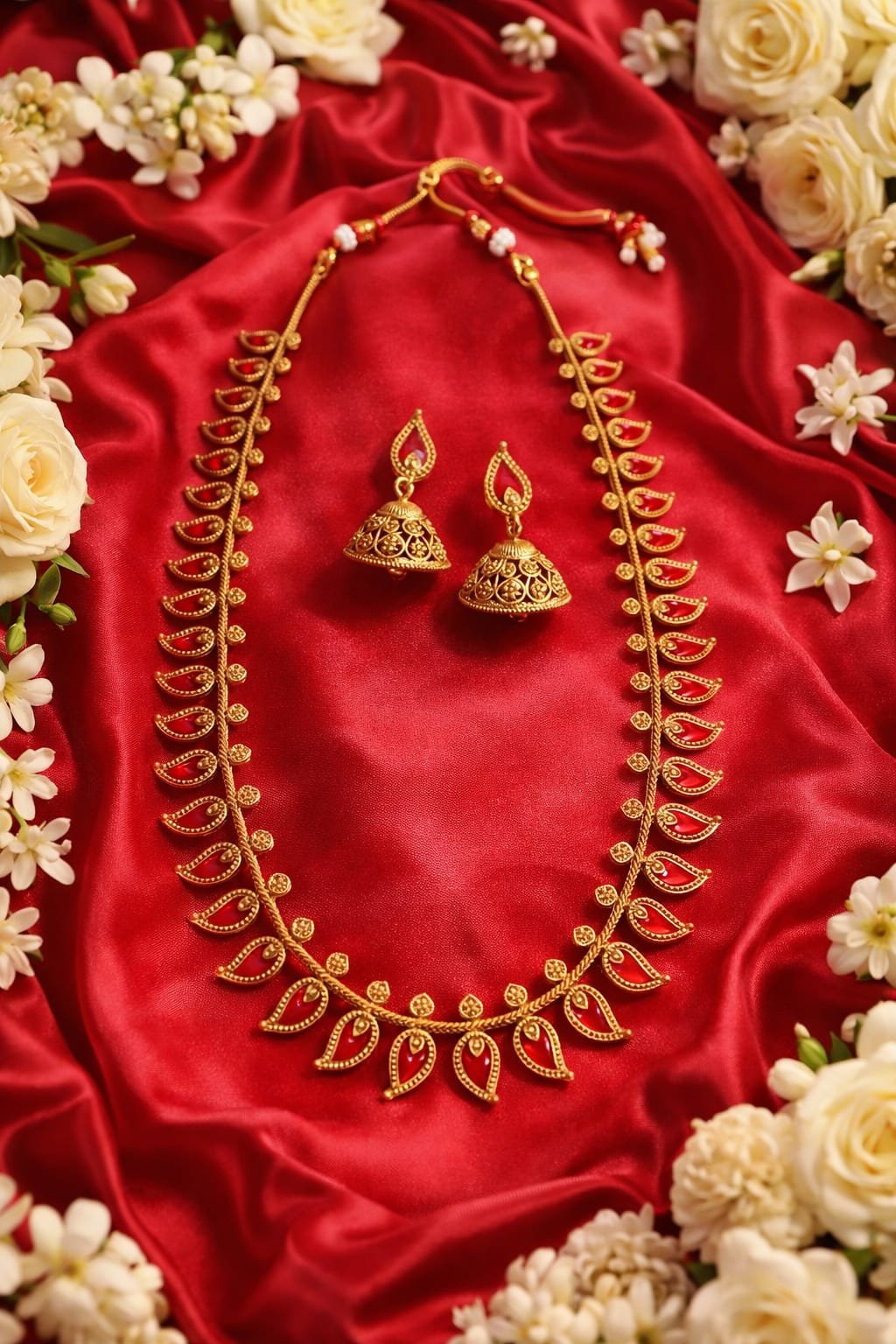 Traditional Palaka Necklace Set with Red Stones & Jhumka Earrings designed Isabel Jewels