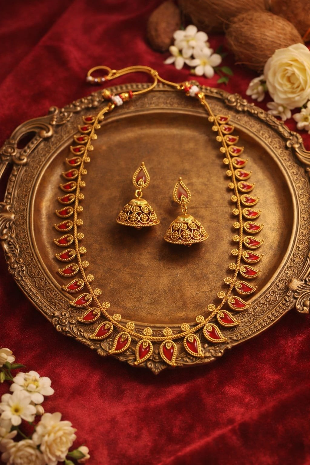Traditional Palaka Necklace Set with Red Stones & Jhumka Earrings designed Isabel Jewels - Image 2