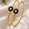 Modern Open Two Gold Bangles with Black Enamel & Stone Accent size 2'6 designed Isabel Jewels