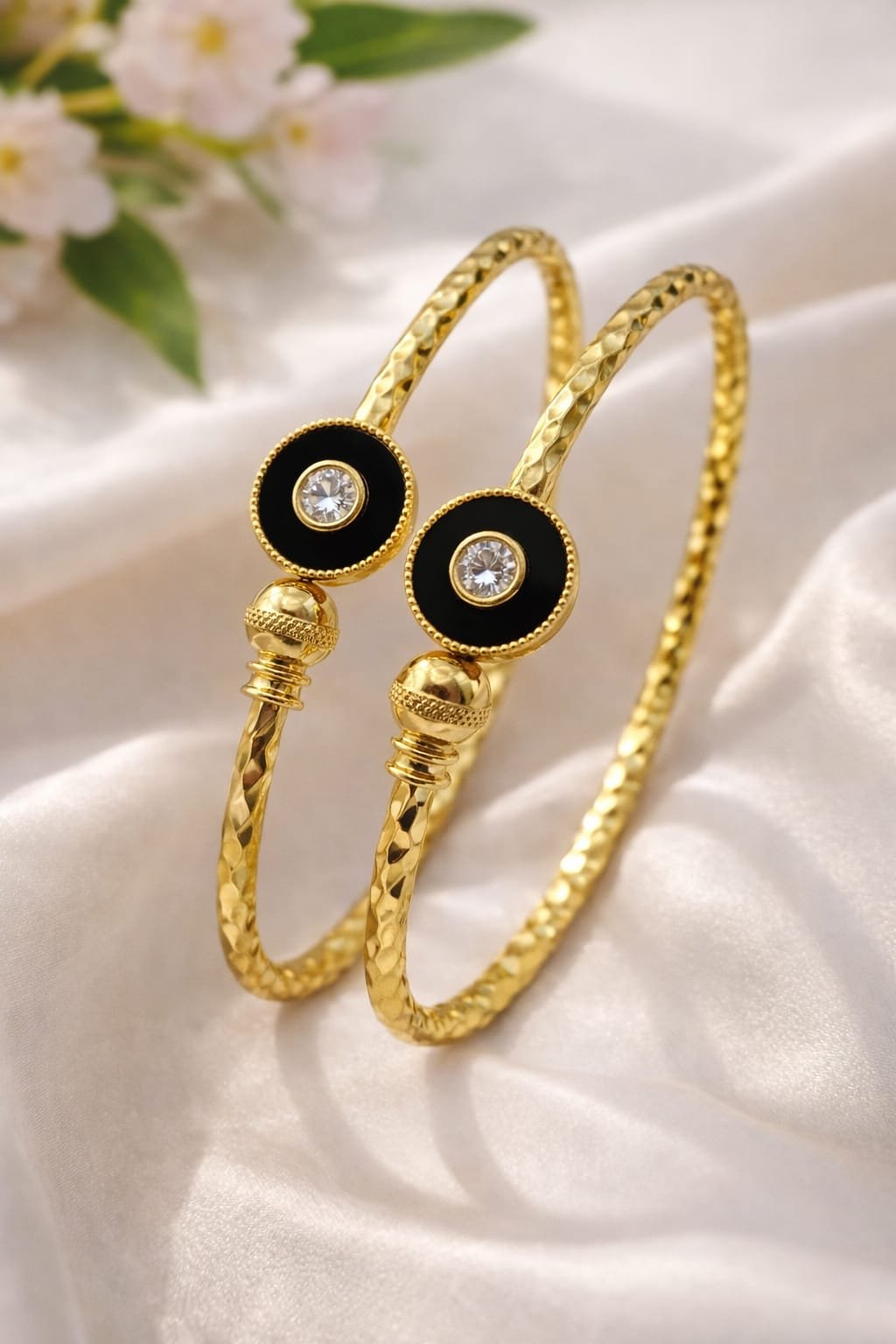 Modern Open Two Gold Bangles with Black Enamel & Stone Accent size 2'6 designed Isabel Jewels