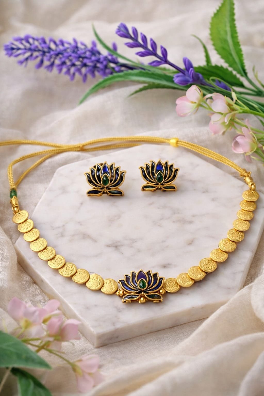 Lotus Design Gold Necklace Set with Matching Earrings designed Isabel Jewels