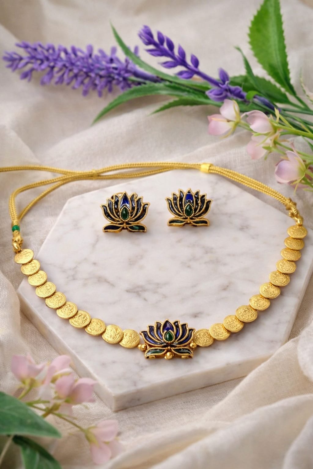 Lotus Design Gold Necklace Set with Matching Earrings designed Isabel Jewels - Image 2