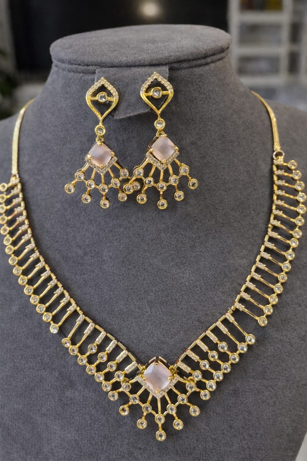 Elegant Diamond-Style Gold Necklace Set with Drop Earrings designed Isabel Jewels - Image 2