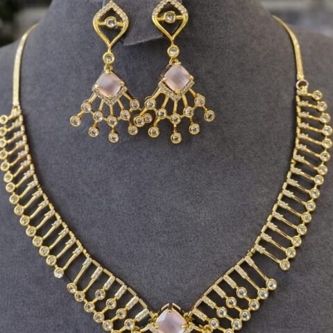 Elegant Diamond-Style Gold Necklace Set with Drop Earrings designed Isabel Jewels
