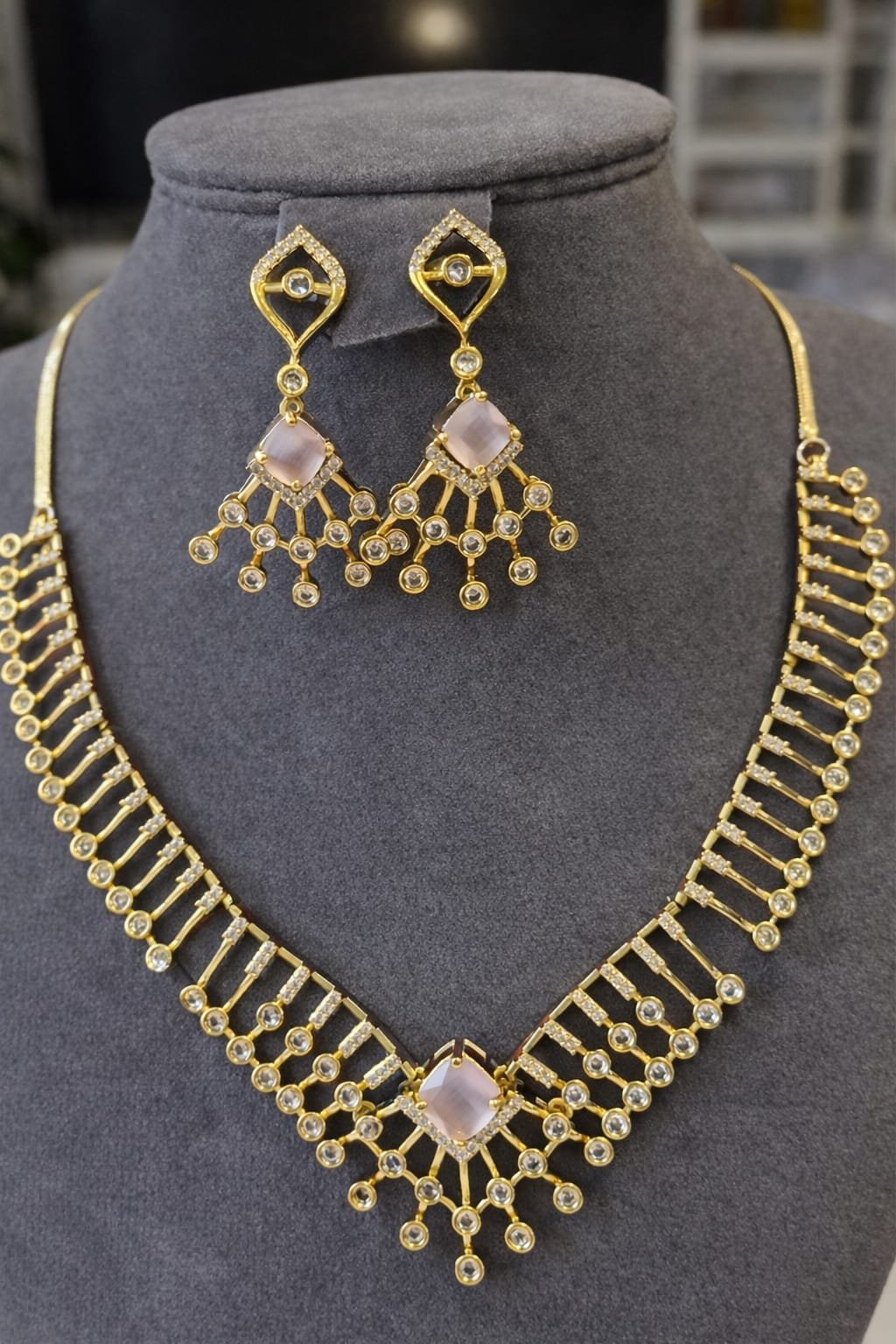 Elegant Diamond-Style Gold Necklace Set with Drop Earrings designed Isabel Jewels
