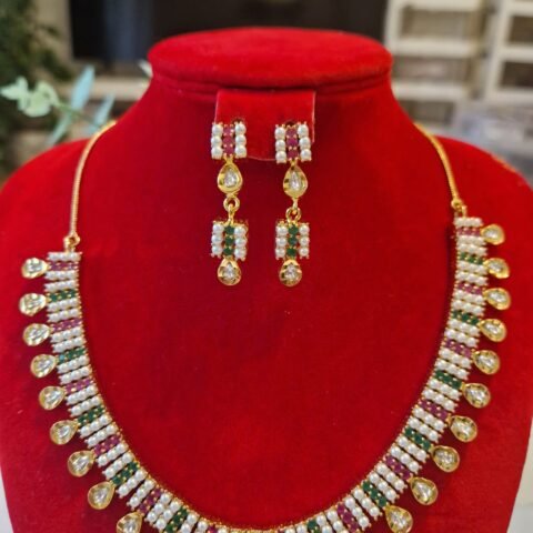 Traditional Pearl & Kundan Style Gold Necklace Set designed Isabel jewels