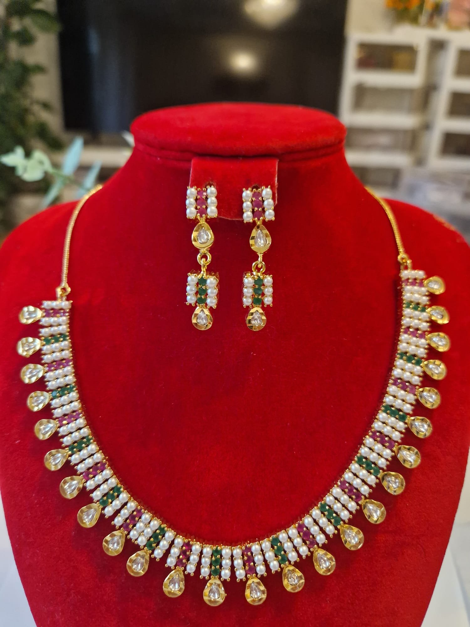 Traditional Pearl & Kundan Style Gold Necklace Set designed Isabel jewels