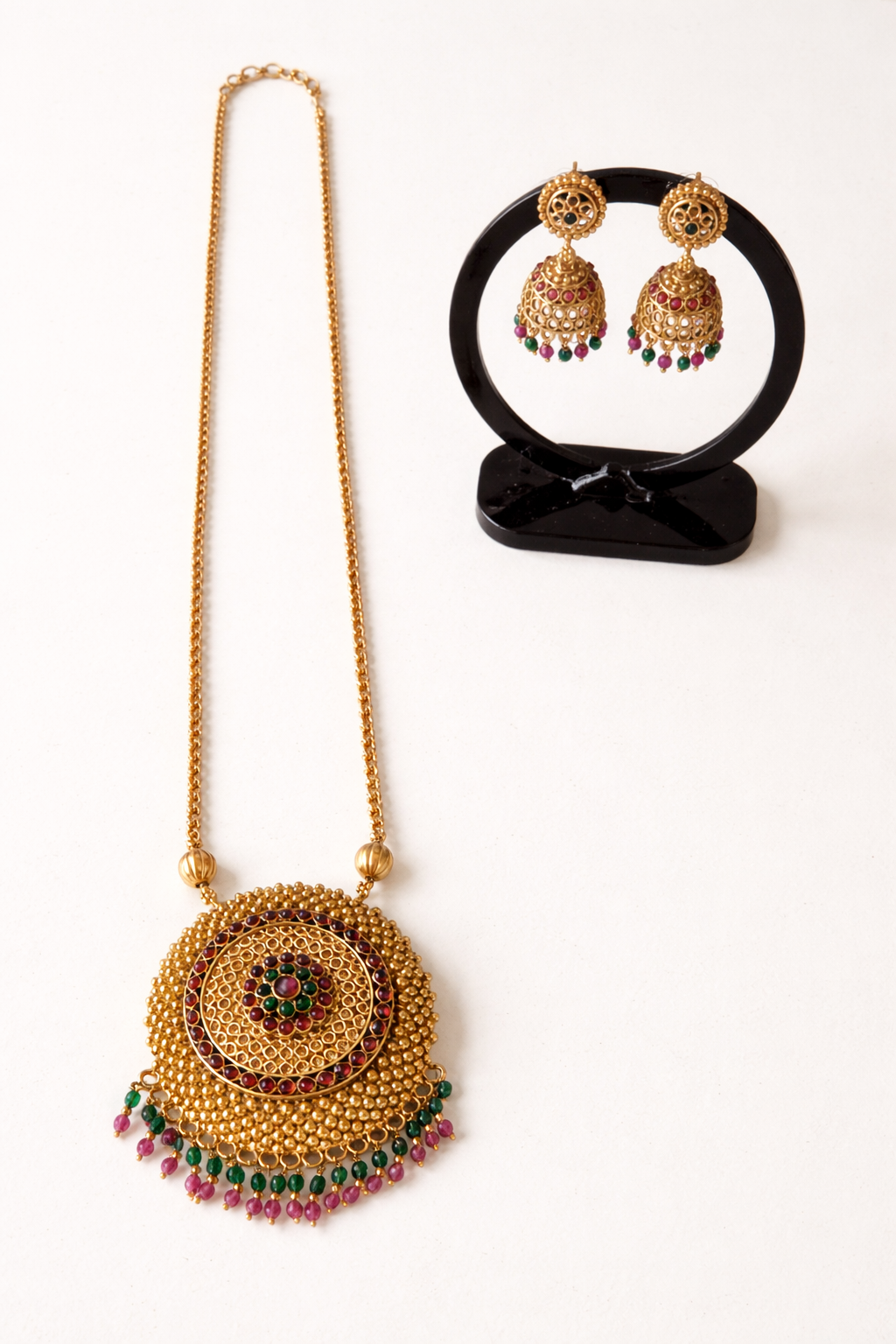 Traditional Gold Plated Temple Necklace Set with Jhumka Earrings designed Isabel Jewels