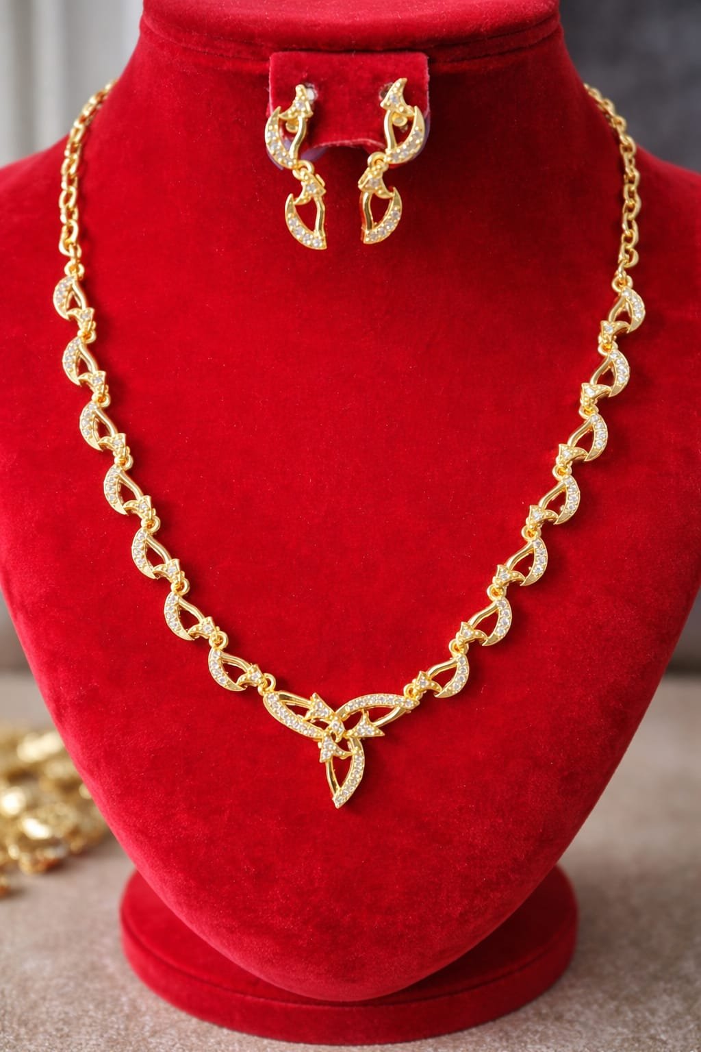 Elegant Diamond-Style Gold Necklace Set with Matching Earrings designed Isabel Jewels