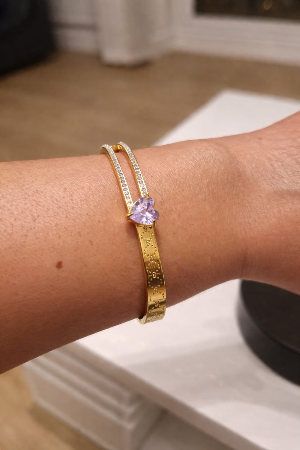 Heart Shape Pink Stone Gold Bracelet – Elegant Diamond Style Bangle - Image 3