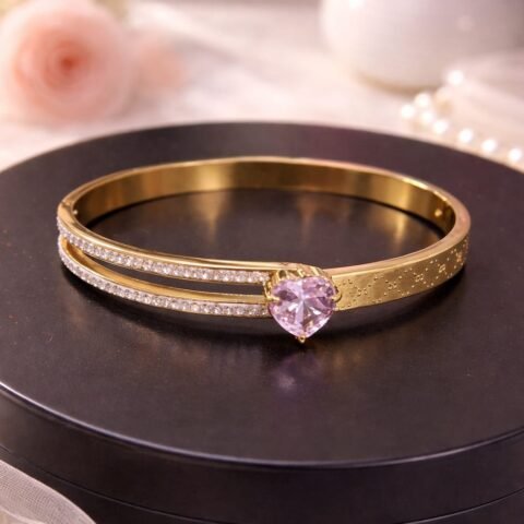 Heart Shape Pink Stone Gold Bracelet – Elegant Diamond Style Bangle