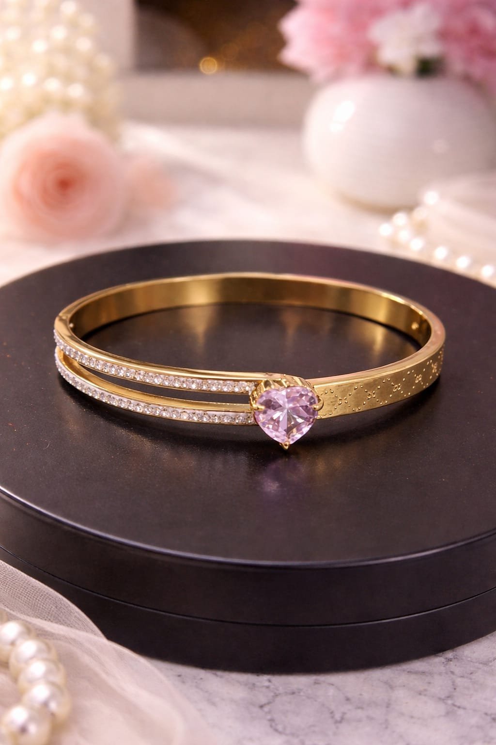 Heart Shape Pink Stone Gold Bracelet – Elegant Diamond Style Bangle