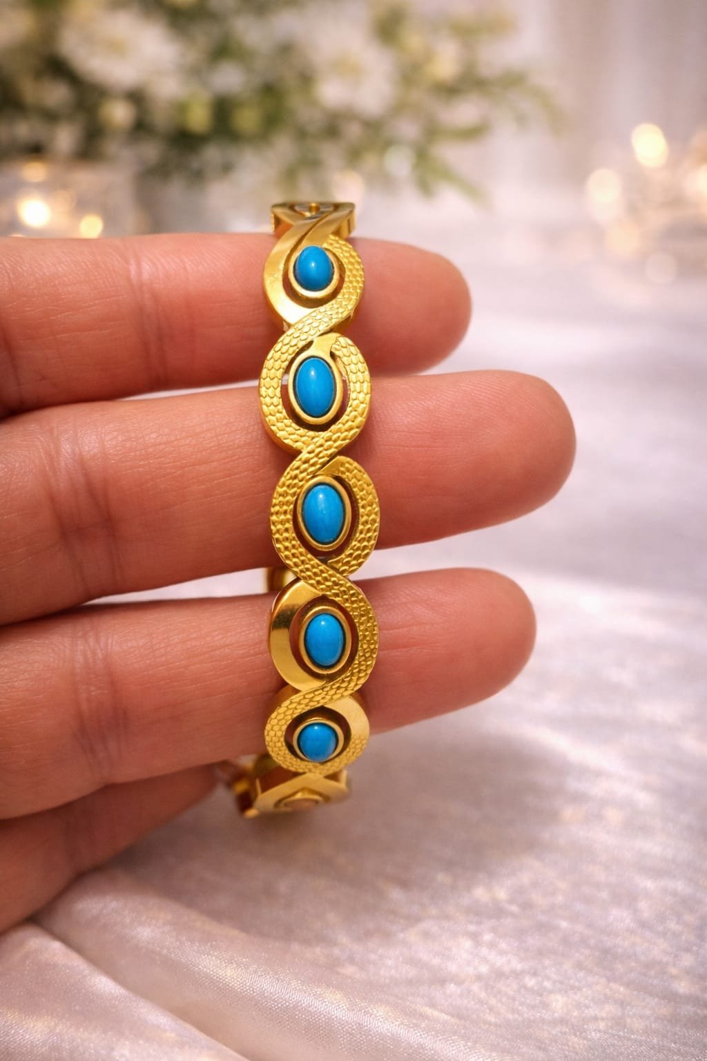 Gold Turquoise Bracelet for Women – Elegant Designer Stainless Steel Bangle designed Isabel Jewels - Image 2