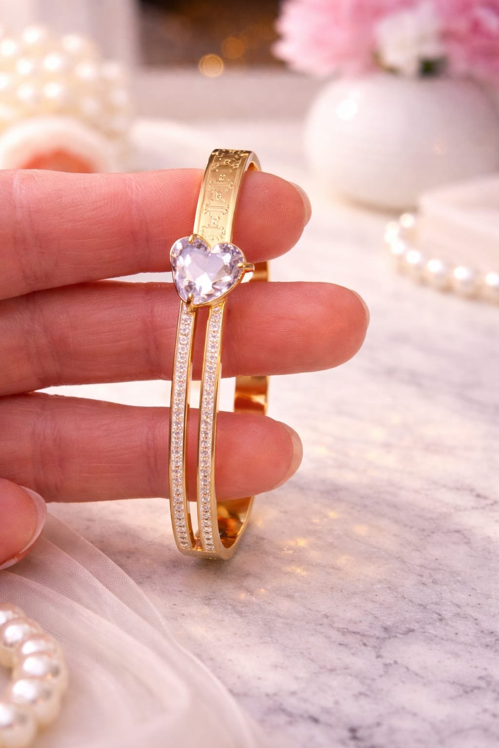 Heart Shape Pink Stone Gold Bracelet – Elegant Diamond Style Bangle - Image 2