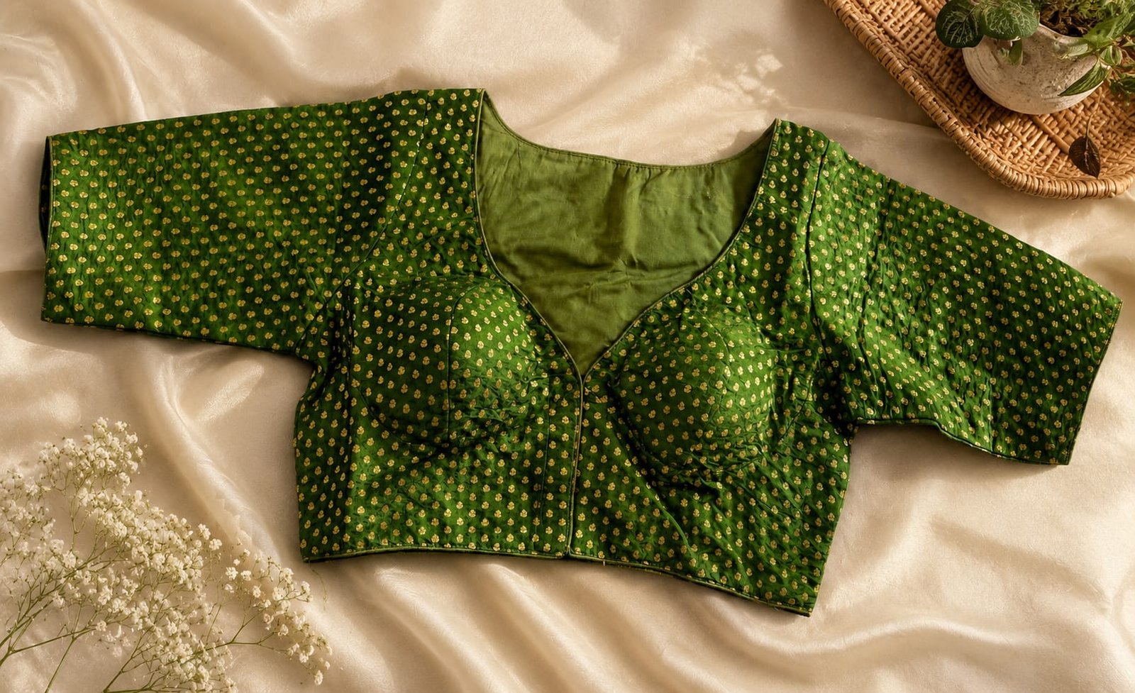 Green Brocade Silk Saree Blouse, size 40 to 42